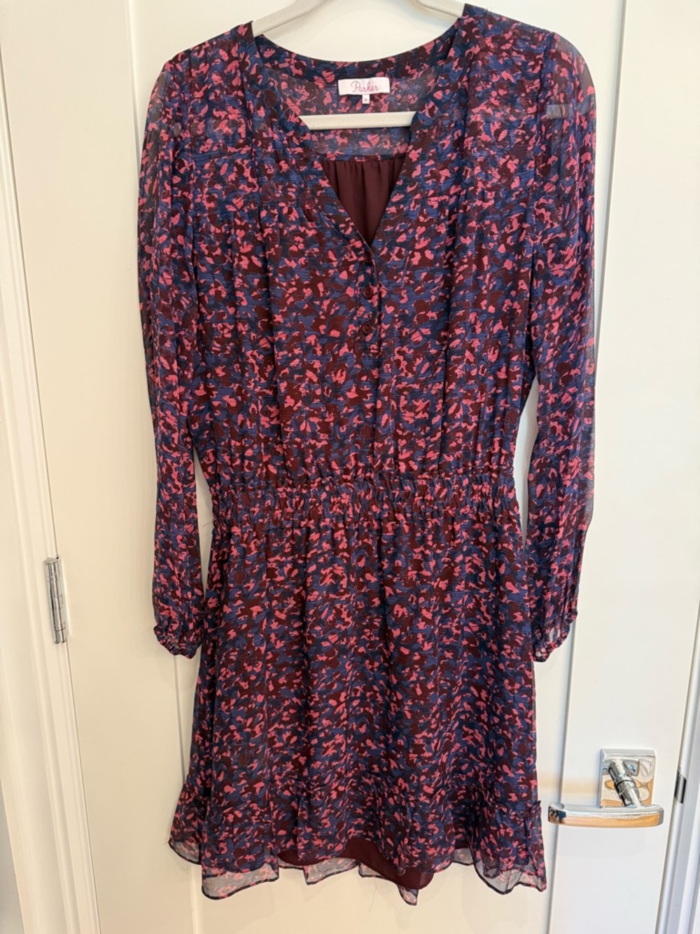 Parker Floral Print Long-Sleeve Dress in Burgundy and Pink